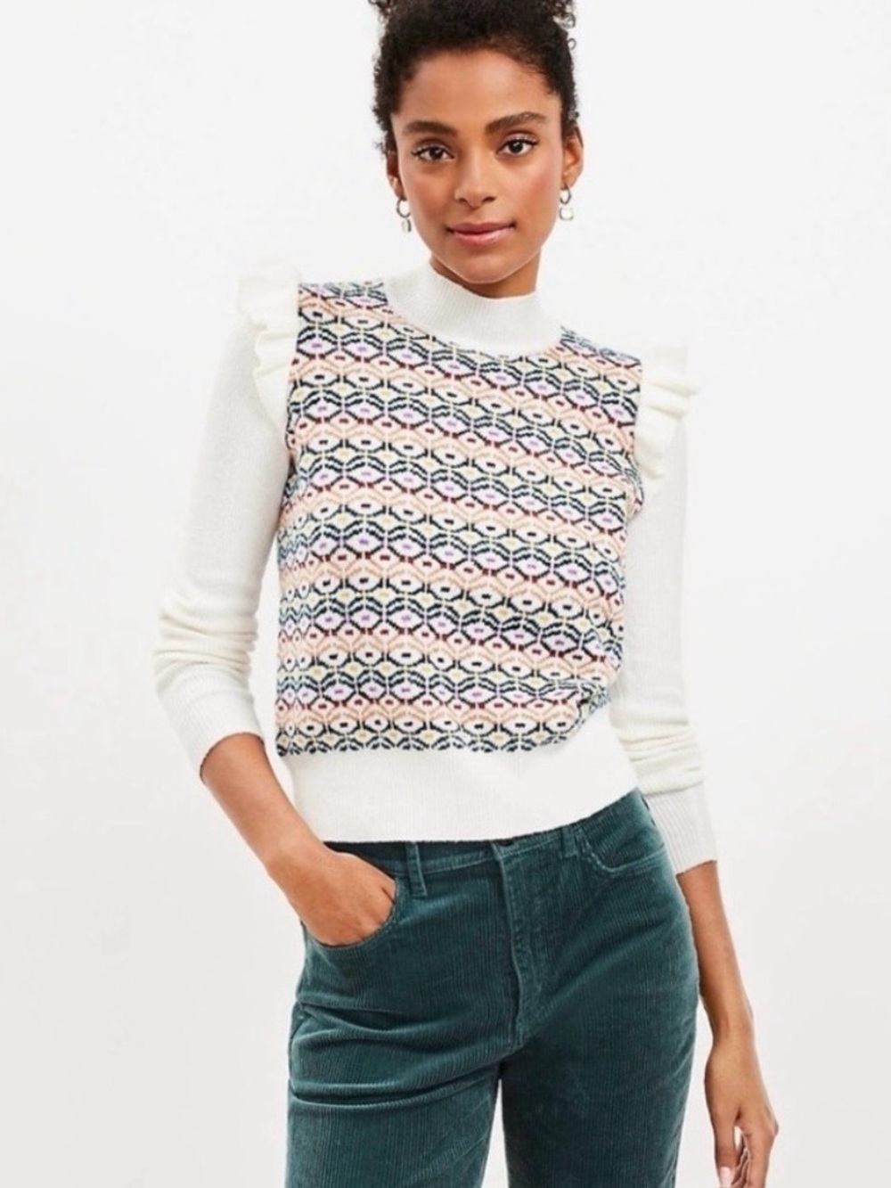 Loft Fair Isle ruffle sleeved mock neck sweater small